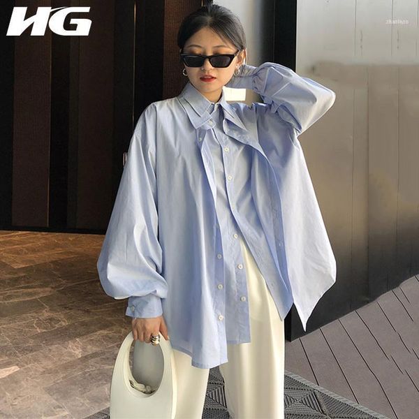 

blue fake two piece blouse women loose fashion casual all match korean style puff sleeve 2021 autumn shirt goddess zp21991, White