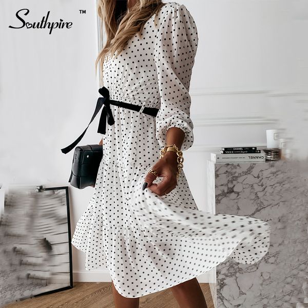 

2021southpire simple o-neck white polka dot party dress women long sleeve casual daily dress bohemian style chiffon vestidos clothes, Black;gray