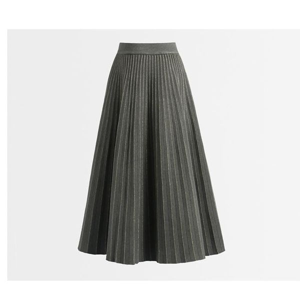 

skirts 2021 knitted striped high waist a-line long fashion women autumn pleated skirt faldas jupe femme saia, Black