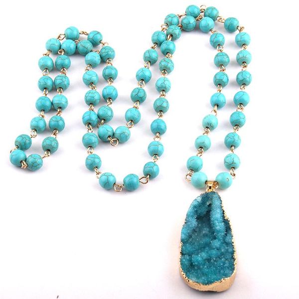 

pendant necklaces rosary chain blue bead & druzy drop, Silver