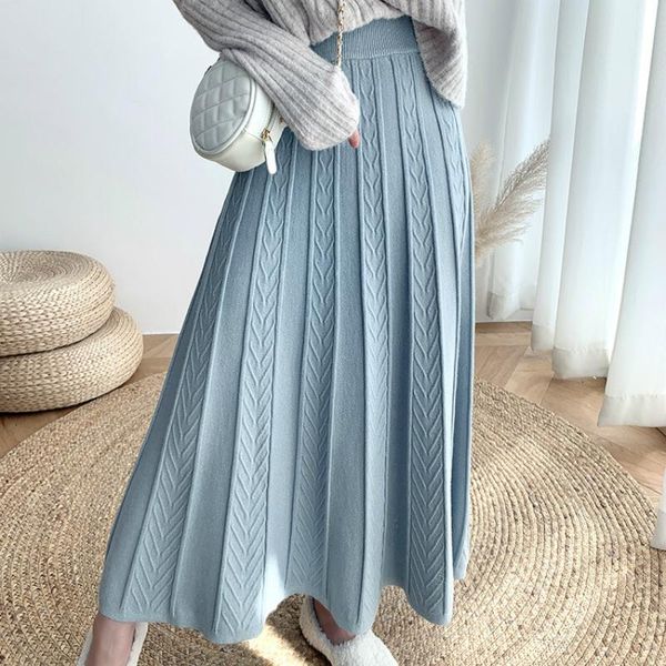 

skirts cashmere knitted skirt 2021 winter women draped rib pleated long female autumn ladies midi saia, Black