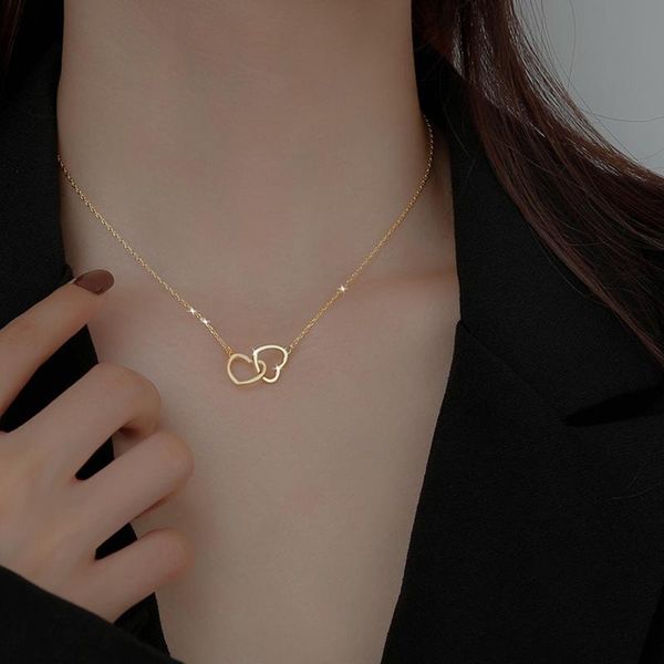 

love double heart-shaped connected hollow pendant necklace light luxury clavicle chain for female women 1pcs necklaces, Silver