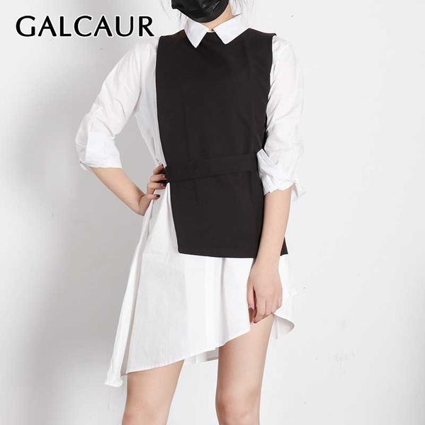

casual dresses galcaur white dress for women lapel long sleeve high waist with sashes patchwork irregular hem female 2021 style, Black;gray