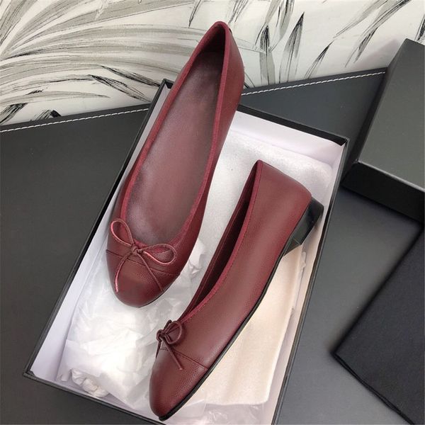 

Luxury Brands Womens Shoes Comfort Round Toe Caviar Leather Womens Flats Butterfly-knot Bowtie Casual Shoes Ballet Flats -42