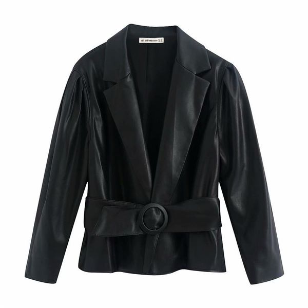 

european and american winter slim v-neck bubble sleeve belt imitation leather suit coat women's fashion suits & blazers, White;black