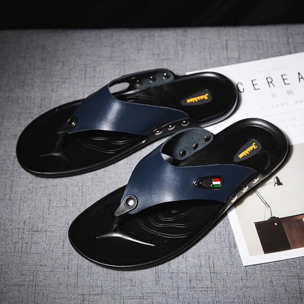 

slippers men leather summer mens flip flops black blue beach handmade shoes flats
