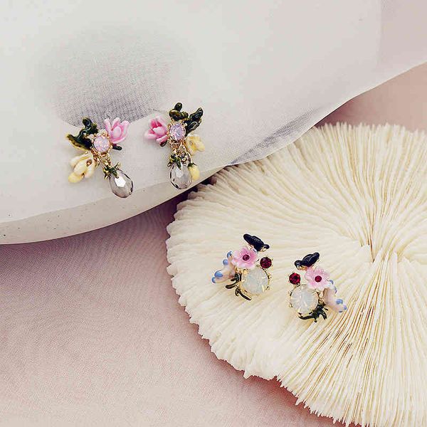 

silver korean s925 needle french enamel colored glaze flower earrings butterfly diamond girl earrings east gate female, Golden