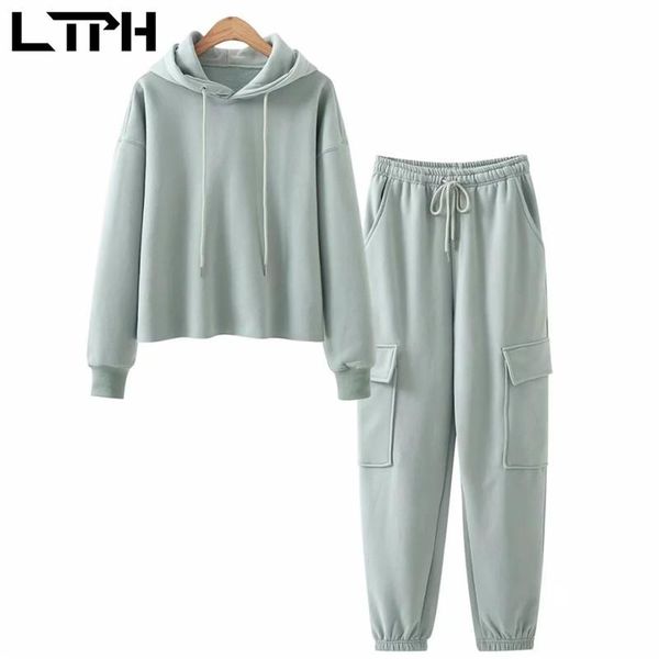 

ins simple solid fashion outfits women tracksuit 2 piece set hoodies sweatshirt chic big pocket pant sets 2021 spring women's two pants, White