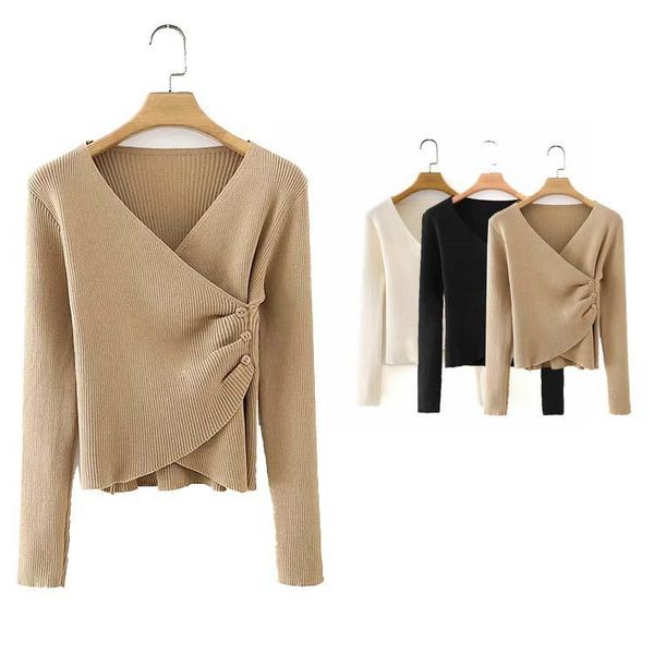 

femele autumn winter women sweater cross v-neck slim button solid short pullovers ladies long sleeve bodycon bottom jumpers women's swe, White;black