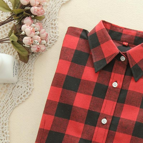

fashion women shirts plaid shirt female college style womens blouses long sleeve flannel plus size cotton blusas office, White