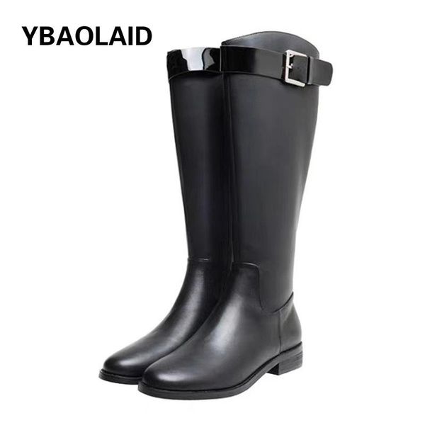 

boots 2021 autumn and winter round head microfiber leather but knee thick heel flat metal belt buckle high rider, Black