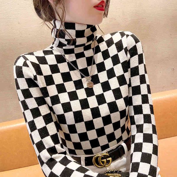 

women's sweaters houndstooth tight turtleneck sweater autumn winter plaid knitted traf women luxury chic shirt pullover slim korean sty, White;black