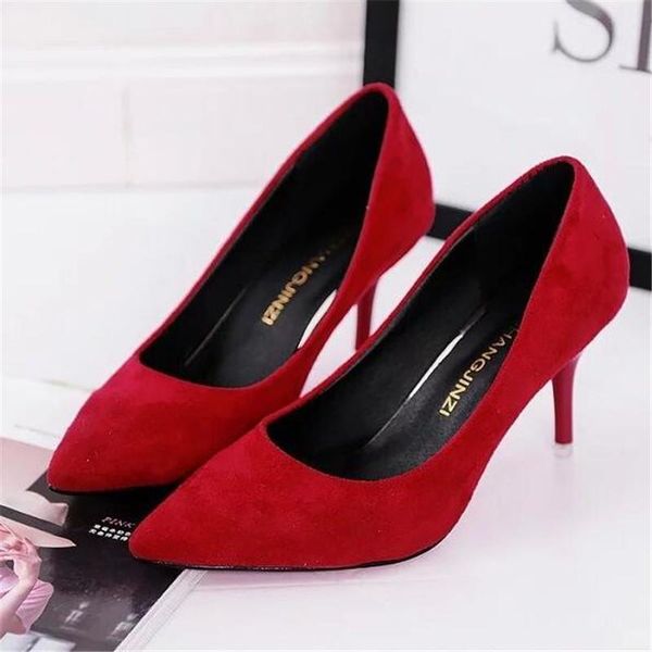 

plus size ol office lady shoes faux suede high heels woman pointed toe dress basic pumps women boat zapatos mujer, Black