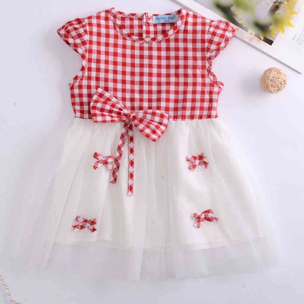 

summer girl dress bowknot lattice mesh stitching princess sweet children toddler clothes 1-5y 210515, Red;yellow