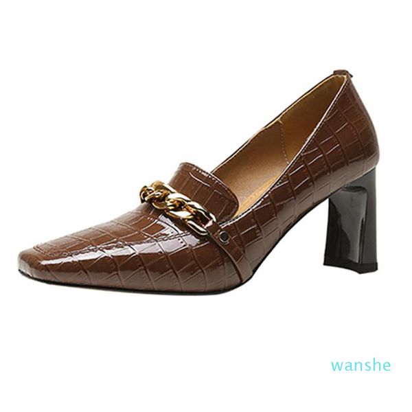 

fashion-dress shoes genuine leather retro high heels woman square toe pumps metal decoration night club party women's, Black