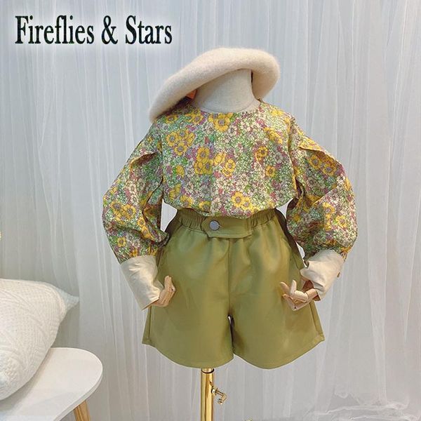 

spring autumn girls 2 pcs set baby blouse + pu shorts kids suits children streetwear clothes fashion floral print to 7 yrs clothing sets, White