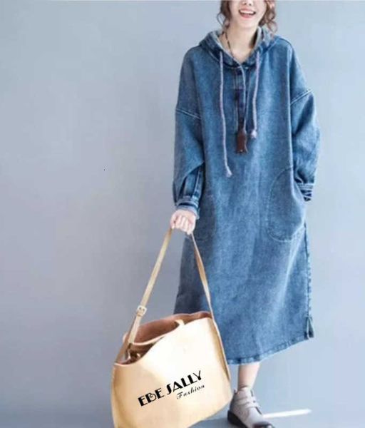 

women's dresses korean casual loose long sleeve large personalized hooded denim dress, Black;gray