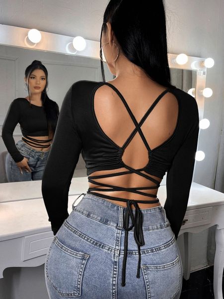 

sxy solid criss cross backless tee r2vh#, White