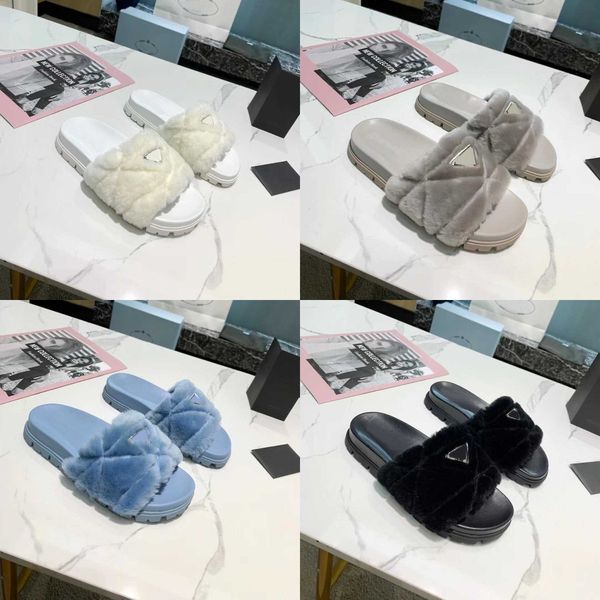 

non-slip women plush slippers solid color wool embroidery flip flop winter original trendy bottom rubber box sheep leather designer san ucav, Black