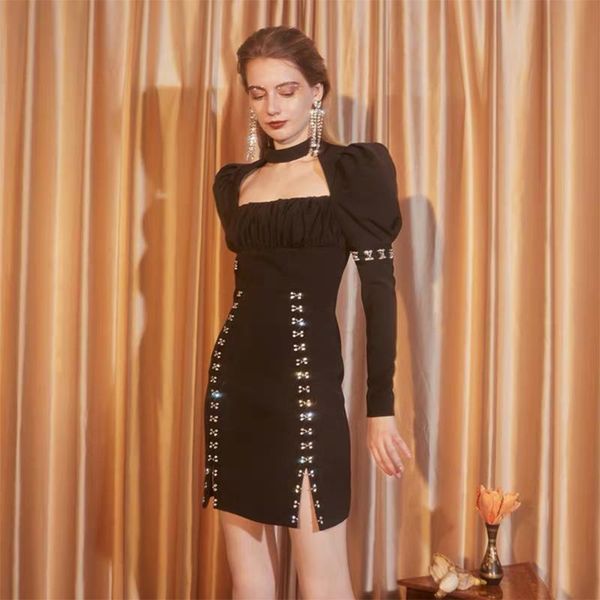 

pleated chest-wrapped buckle hanging neck square collar slim-fit high-end dress casual dresses, Black;gray