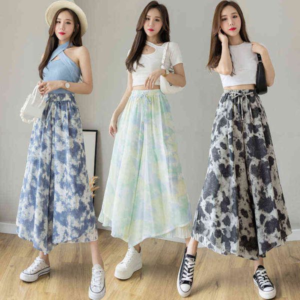 

casual dresses chiffon skirt pant's summer high waist loose thin lace nine point elegant casual ink tie dyed wide leg pants, Black;gray