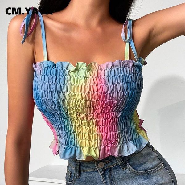 

cm.yaya women camis print ruched avant-garde crop female high street summer night club clothing fashion 2021 women's tanks &, White