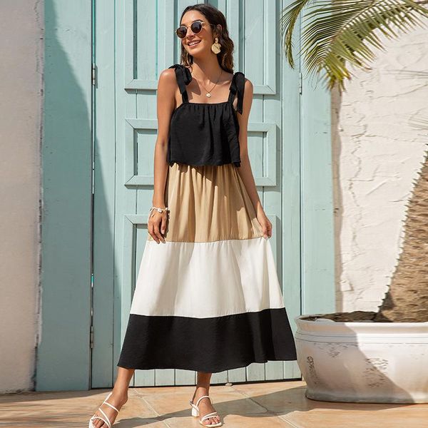 

casual dresses 2021 women's summer sling stitching contrast color beach women dress vestidos, Black;gray