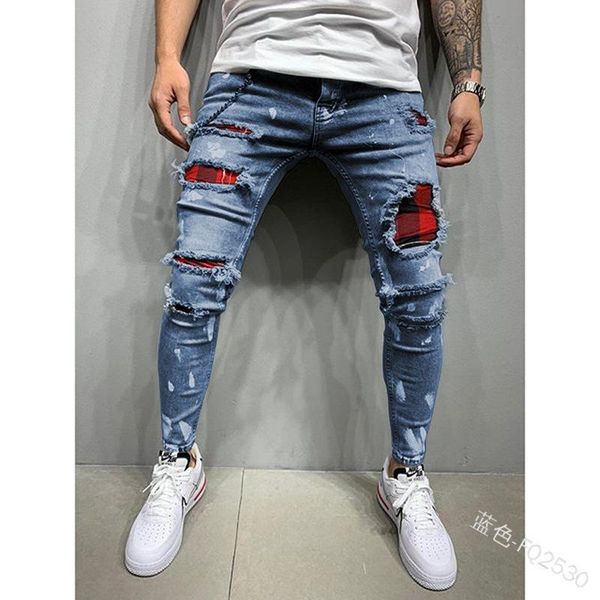

men's jeans european and american printed with holes, stretch small feet, Blue