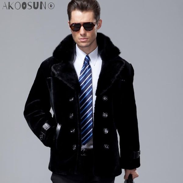 

men's leather & faux akoosun 100% real fur coat men natural sheep shearling winter jacket man mink collar overcoat s15z009 kj862, Black