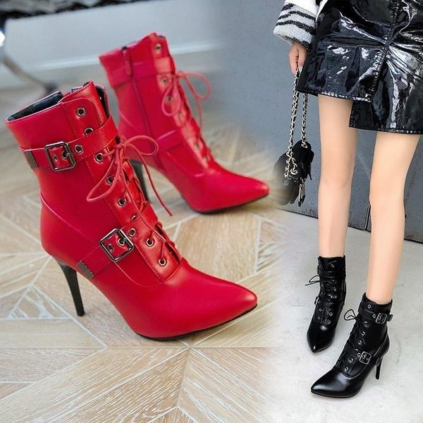 

boots spring and autumn women's with belt buckle lace up, Black