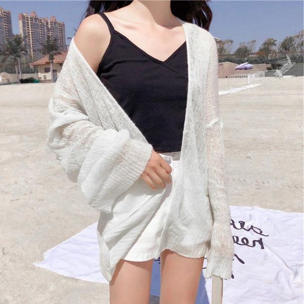 

women's swimwear summer cotton beach v-neck long sleeve cardigan solid loose thin korean style fashion casual, White;black