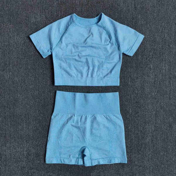 

seamless women yoga set crop short sleeve shirt fitness shorts workout clothes for gym clothing sport, Gray