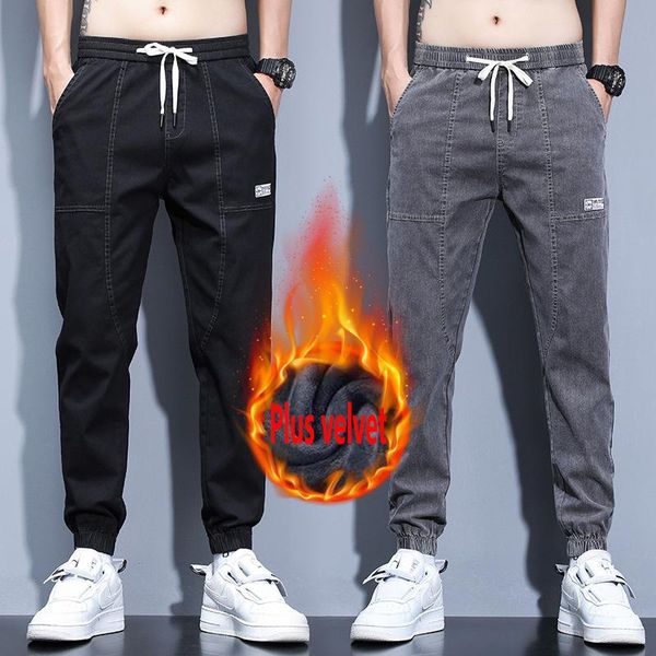 

men's jeans 2021 pant man trend autumn tide brand loose large wide leg and winter elastic waist fleece pants, Blue