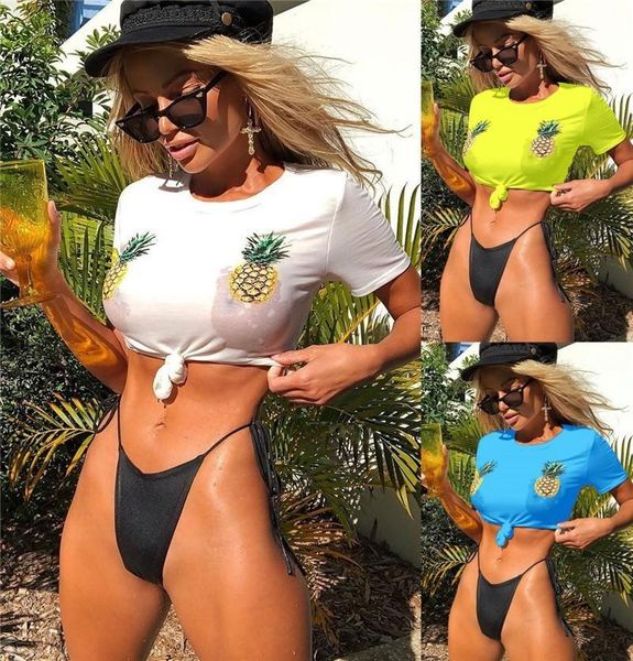 

women's swimwear 2021 woman t-shirt bathing suit women pineapple print bikinis high cut thong bottom swimsuit brazilian yellow, White;black