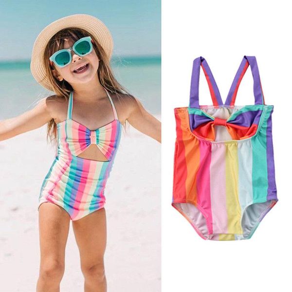 

one-piece suits girls rainbow stripe swimsuit 2021 summer kids baby halter one pieve swimwear bathing suit beachwear brazilian bikinis for
