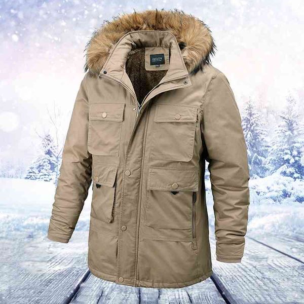 Winterjacken Männer Pelz Multi-Pocket-Baumwollmäntel Fleece Warm Dicke mittellange Militärparkas Windjacke Mantel 210603