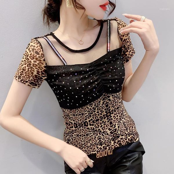 

women's t-shirt fashion casual short sleeve leopard mesh shirt elegant slim drilling summer blusas, White