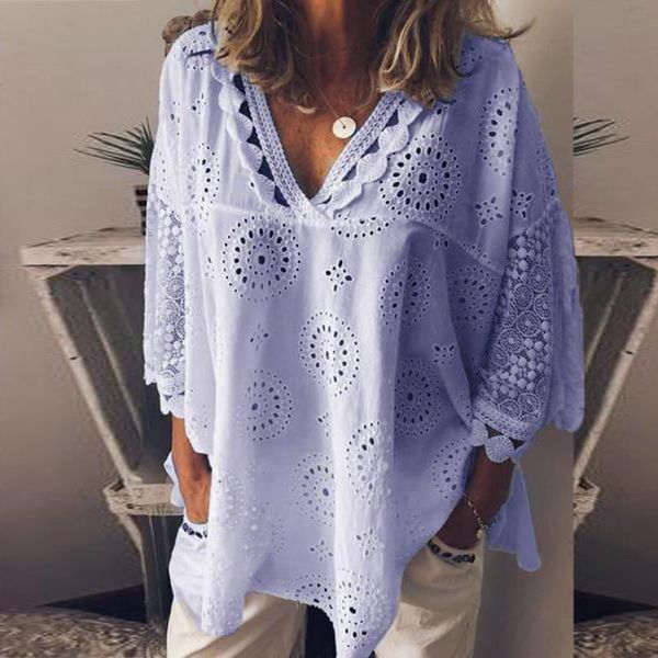 

women's blouses & shirts women blouse cotton linen hollow out lace patchwork tunic plus size 5xl geometry v-neck summer shirt vrouw, White