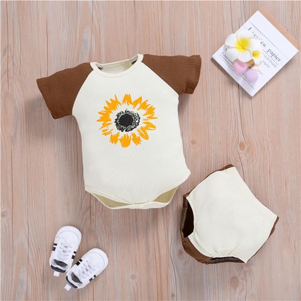 

summer baby girls boys breathable sunflower printing romper shorts 2pcs casual outfits infant clothing sets, White