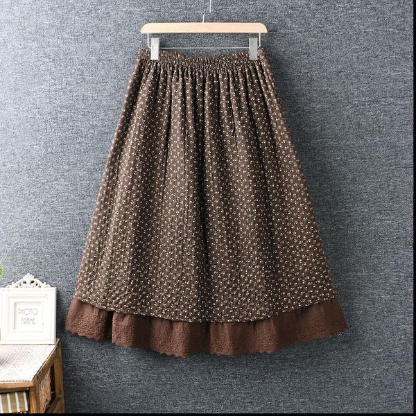 

spring summer literary fresh womens skirt elasticated waist floral print double layer cotton loose, Black