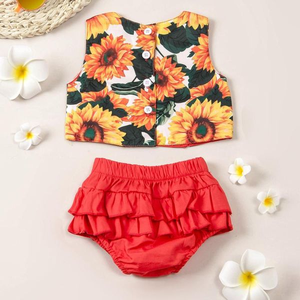 

toddler baby girls sleeveless sunflow printed vest +ruffle shorts outfits clothes baby's sets clothing, White