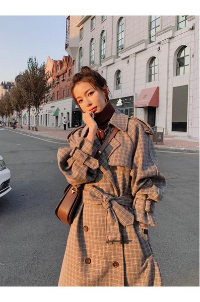 

women's wool & blends high end woollen overcoat middle long 2021 autumn winter korean loose retro hepburn style tweed jacket, Black