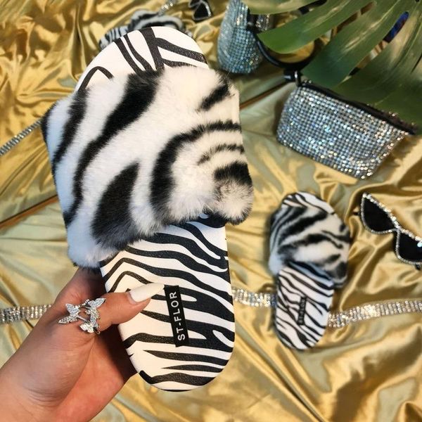 

slippers hairy women 2021 home fashion european and american women's flat sandals summer casual, Black