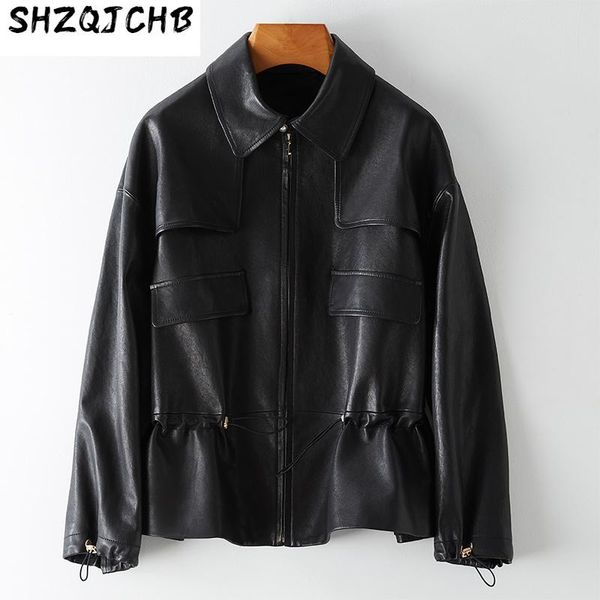 

women's leather & faux jchb 2021 autumn and winter suit collar short jacket casual sheepskin motorcycle, Black