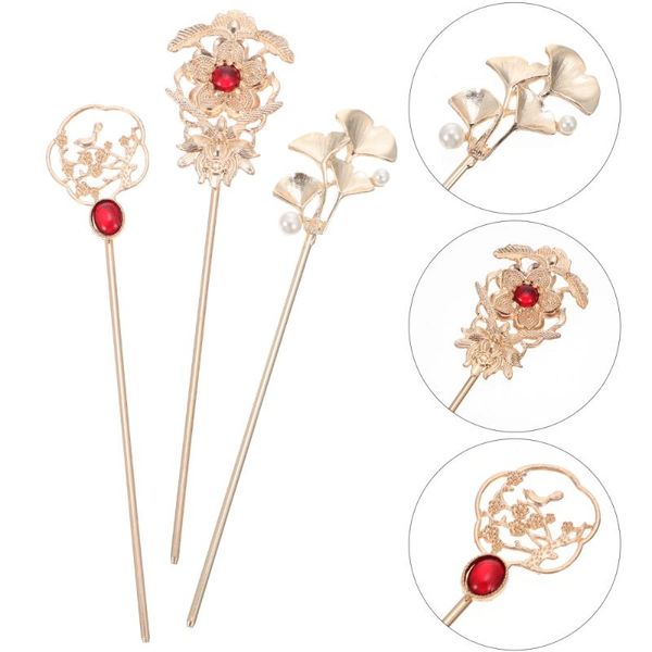 

hair clips & barrettes 3pcs alloy stick retro chinese costume headdress fork hairpins, Golden;silver