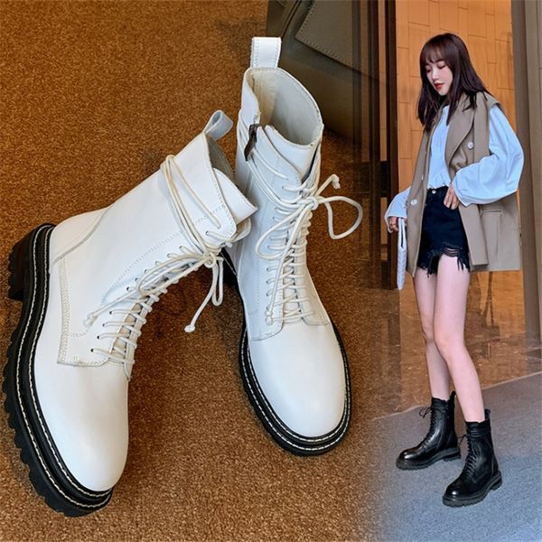 

winter women boots genuine leather boots with side zipper round toe lace up chunky heel platform shoes item no.s47 210507, Black