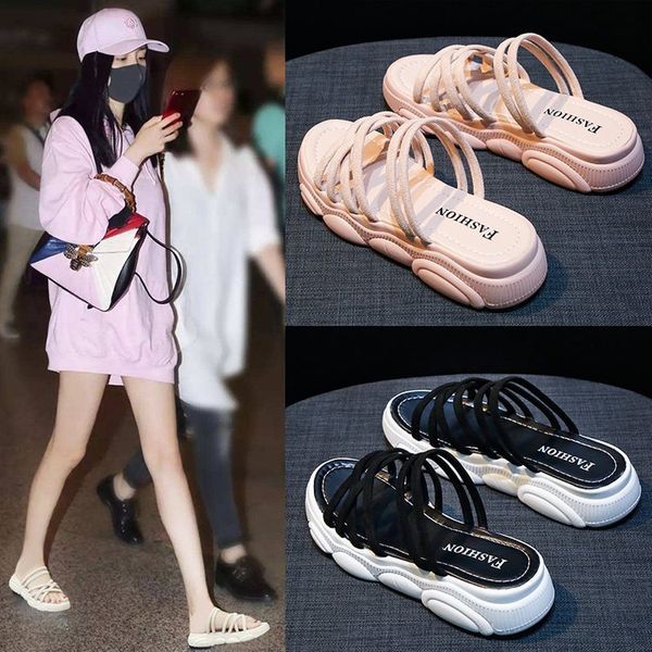 

luxury slippers slippers 2021 summer sandal two wear leisure sports muffin bottom, middle heel cross bandage, ribbon drag, Black
