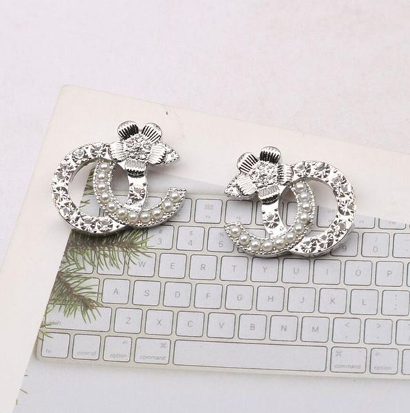 

18k gold plated design classic brand double letter stud flower s925 siilver earrings pearl crystal rhinestone wedding party jewelry accessor, Golden;silver