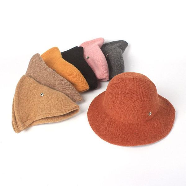 

hat female autumn and winter japanese solid color wild knitted wool fisherman dome thickened warm basin cap wide brim hats, Blue;gray