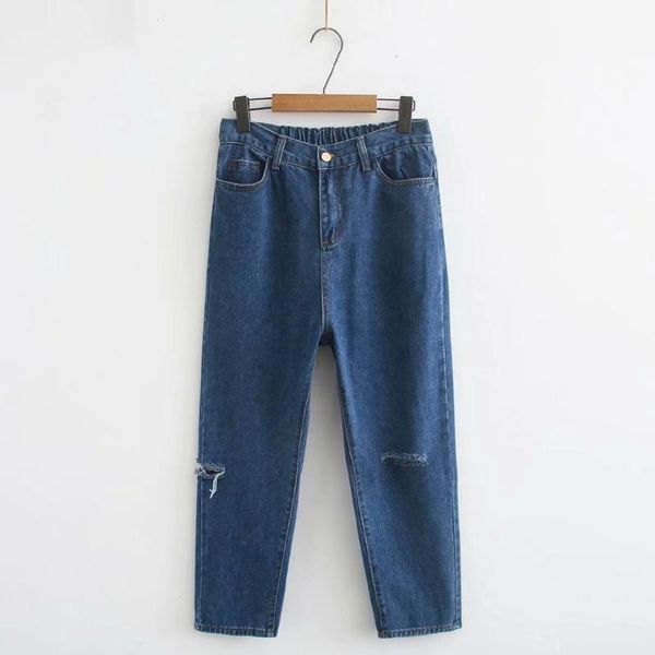 

women's jeans plus size elastic waist with holes bf style vintage long denim trousers, Blue